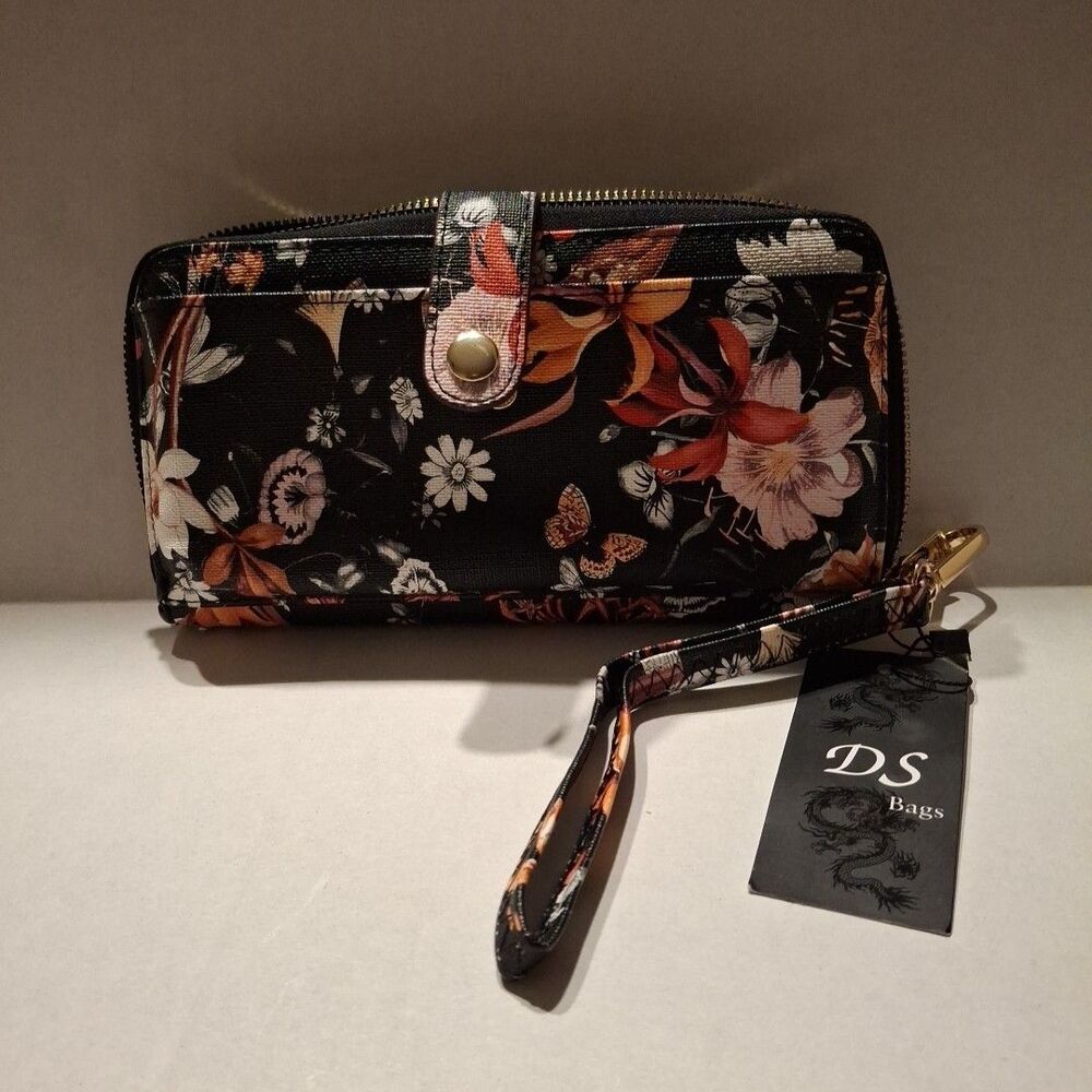 DS Bags Womens Wallet Black Floral 19274